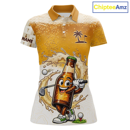 front view of womens custom beer golf polo shirt with funny beer bottle golfer print