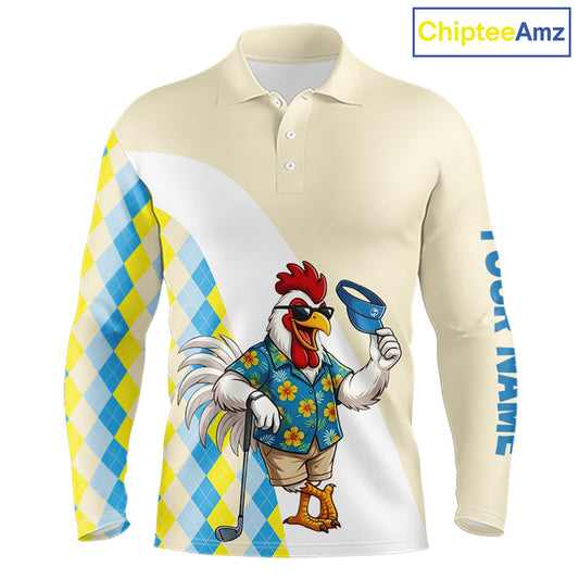 Funny rooster Hawaiian mens long sleeve golf polo shirt with argyle pattern - front view