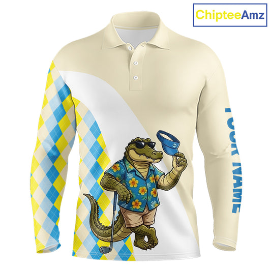 Funny alligator Hawaiian mens long sleeve golf polo shirt with argyle pattern - front view