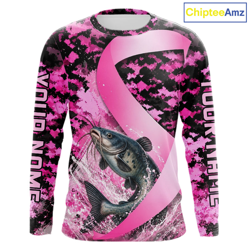 Front view of pink ribbon camouflage catfish fishing breast cancer custom sun protection long sleeve fishing shirt