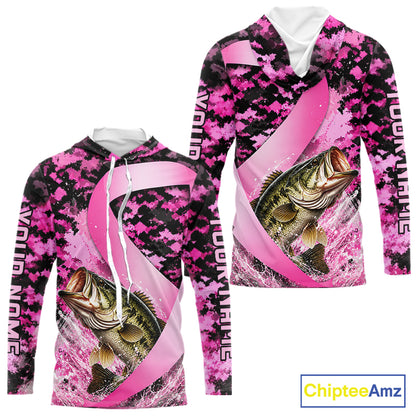 Front and back view of pink ribbon camouflage bass fishing breast cancer custom sun protection long sleeve fishing shirt