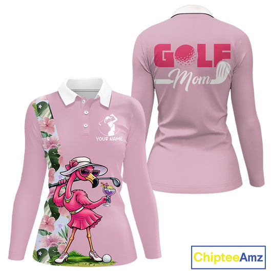 Pink Flamingo Womens Golf Polos Shirts Custom Tropical Floral Golf Gifts For Mom, Mother's Day Gifts NBT645