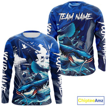 Load image into Gallery viewer, Front and back view of Catfish Fishing Jersey Custom Name long sleeve fishing shirt, camo catfish fishing shirt for team with ctafish graphic and custom name left sleeve