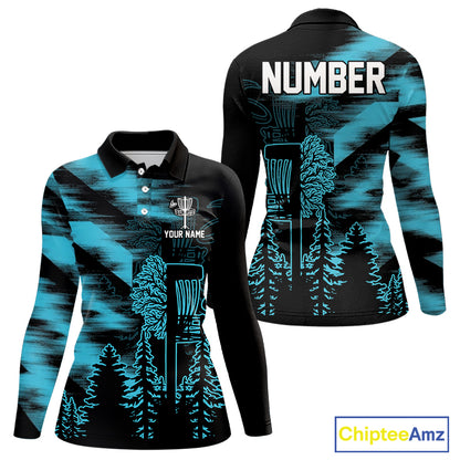 Womens Disc Golf Polo Shirt Custom Name Blue Disc Golf Basket, Personalized Disc Golf Shirts NBT646