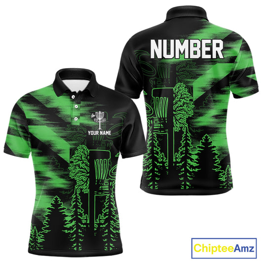 Mens Disc Golf Polo Shirt Custom Name Green Disc Golf Basket, Personalized Disc Golf Shirts NBT647
