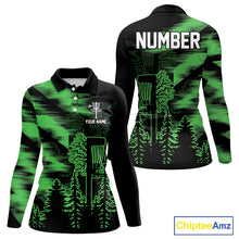 Load image into Gallery viewer, Womens Disc Golf Polo Shirt Custom Name Green Disc Golf Basket, Personalized Disc Golf Shirts NBT647
