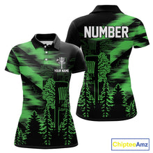 Load image into Gallery viewer, Womens Disc Golf Polo Shirt Custom Name Green Disc Golf Basket, Personalized Disc Golf Shirts NBT647