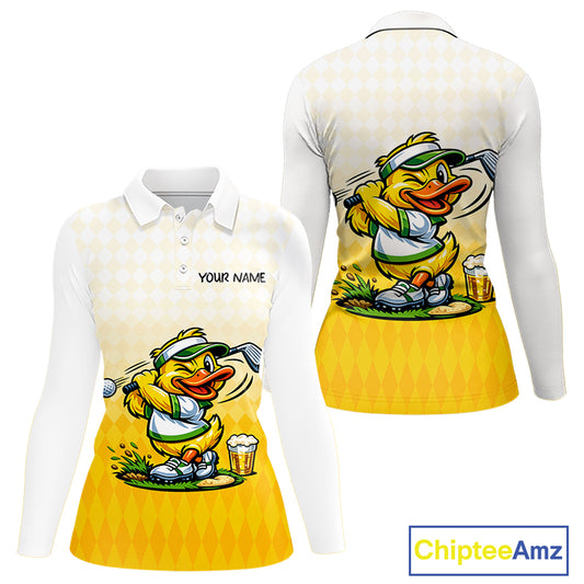 Funny Duck Golf Polo Shirt For Women, Cute Duck With Beer Print Shirt, Sporty Animal Golf Gift NBT516