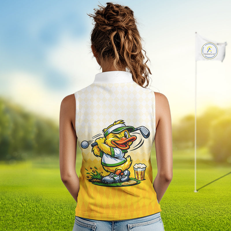 Funny Duck Sleeveless Golf Polo Shirt For Women, Cute Duck With Beer Print Shirt, Sporty Animal Golf Gift NBT516
