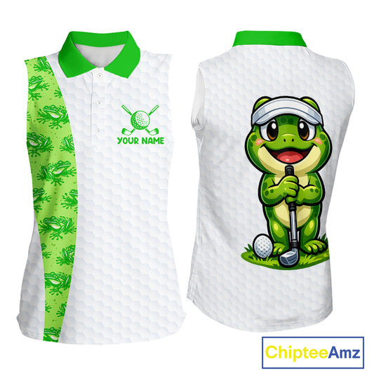 Funny Frog Green Womens Sleeveless Golf Polo Shirt Custom Women Golf Top, Personalized Golf Gifts NBT517