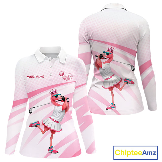 Funny Pink Flamingo Golf Polo Shirt For Women Custom Flamingo Golfer Pattern Golf Shirts, Golf Attire NBT518