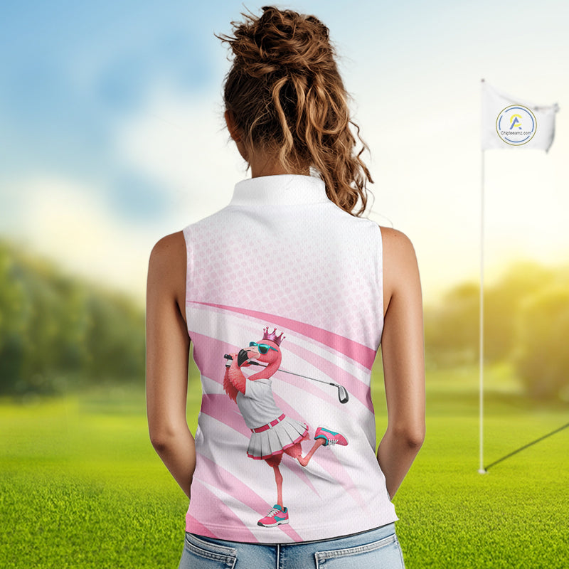 Funny Pink Flamingo Sleeveless Golf Polo Shirt For Women Custom Flamingo Golfer Pattern Golf Shirts, Golf Attire NBT518