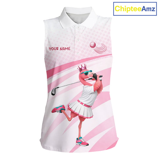 Funny Pink Flamingo Sleeveless Golf Polo Shirt For Women Custom Flamingo Golfer Pattern Golf Shirts, Golf Attire NBT518
