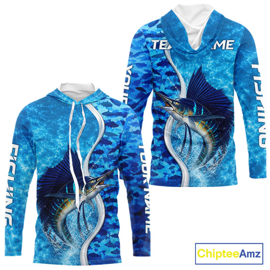 Front and back view of Sailfish fishing blue ocean camouflage performance long sleeve fishing shirt for team anglers