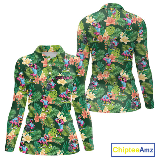 Funny Womens Golf Polo Shirt Custom Green Tropical Flower Flamingo Team Golf Shirts, Golf Gifts NBT660