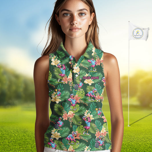 Funny Womens Sleeveless Golf Polo Shirt Custom Green Tropical Flower Flamingo Team Golf Shirts, Golf Gifts NBT660