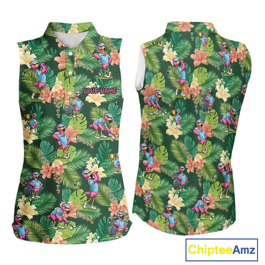 Funny Womens Sleeveless Golf Polo Shirt Custom Green Tropical Flower Flamingo Team Golf Shirts, Golf Gifts NBT660