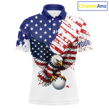 Load image into Gallery viewer, Polo shirt with American flag design and eagle holding a golf ball, branded 'ChipteeAmz'.