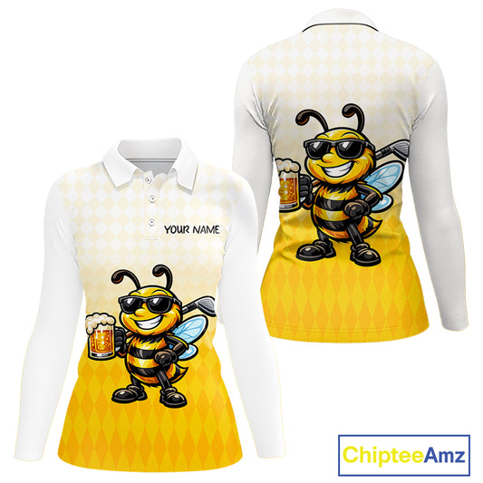 Funny Bee Golf Polo Shirt For Women, Cute Bee With Beer Print Shirt, Sporty Animal Golf Gift|Yellow NBT663