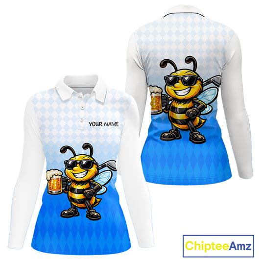 Funny Bee Golf Polo Shirt For Women, Cute Bee With Beer Print Shirt, Sporty Animal Golf Gift|Blue NBT664