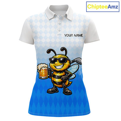 Funny Bee Golf Polo Shirt For Women, Cute Bee With Beer Print Shirt, Sporty Animal Golf Gift|Blue NBT664