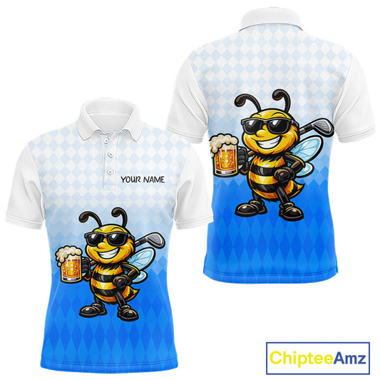 Funny Bee Golf Polo Shirt For Men, Cute Bee With Beer Print Shirt, Sporty Animal Golf Gift|Blue NBT664
