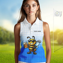 Load image into Gallery viewer, Funny Bee Sleeveless Golf Polo Shirt For Women, Cute Bee With Beer Print Shirt, Sporty Animal Golf Gift|Blue NBT664