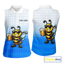 Load image into Gallery viewer, Funny Bee Sleeveless Golf Polo Shirt For Women, Cute Bee With Beer Print Shirt, Sporty Animal Golf Gift|Blue NBT664