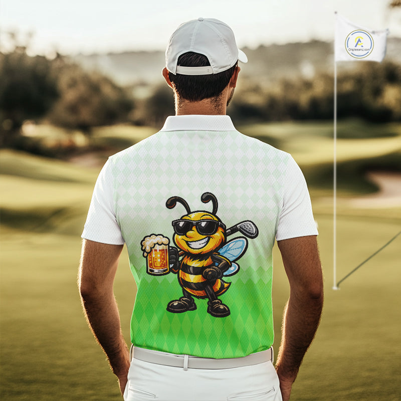 Funny Bee Golf Polo Shirt For Men, Cute Bee With Beer Print Shirt, Sporty Animal Golf Gift|Green NBT665