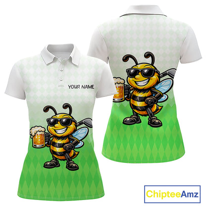 Funny Bee Golf Polo Shirt For Women, Cute Bee With Beer Print Shirt, Sporty Animal Golf Gift|Green NBT665