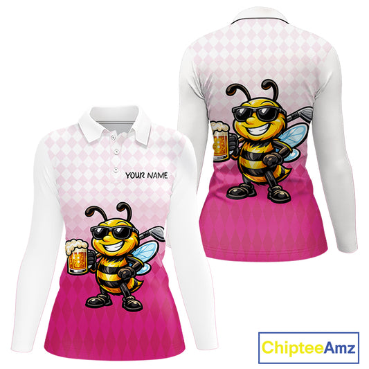 Funny Bee Golf Polo Shirt For Women, Cute Bee With Beer Print Shirt, Sporty Animal Golf Gift|Pink NBT666