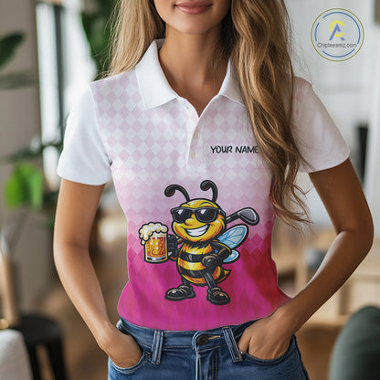 Funny Bee Golf Polo Shirt For Women, Cute Bee With Beer Print Shirt, Sporty Animal Golf Gift|Pink NBT666