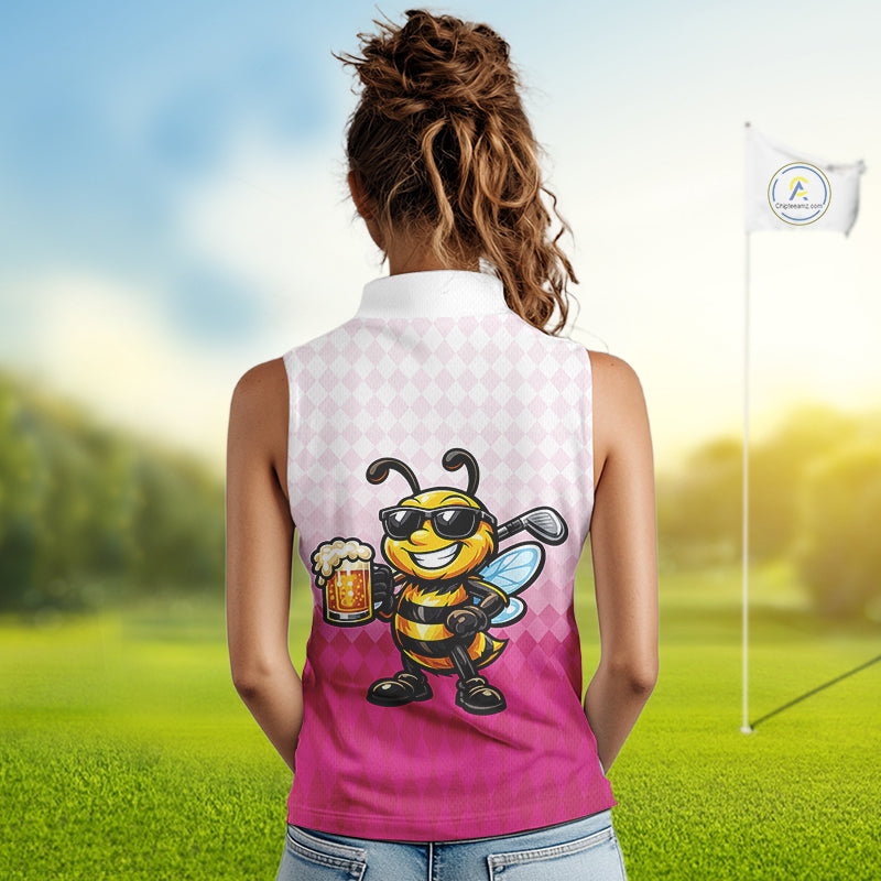 Funny Bee Sleeveless Golf Polo Shirt For Women, Cute Bee With Beer Print Shirt, Sporty Animal Golf Gift|Pink NBT666