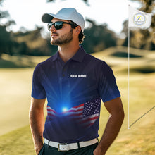 Load image into Gallery viewer, Man on a golf course wearing a blue polo shirt with an American flag design and 'Your Name' text.
