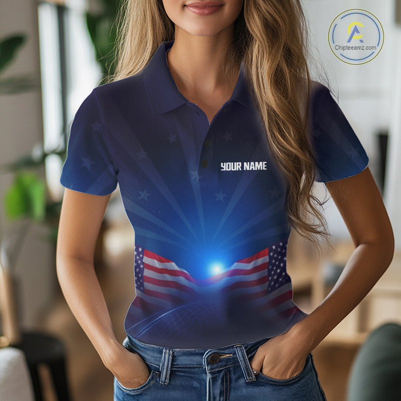 Person wearing a blue polo shirt with an American flag design and 'Your Name' text.