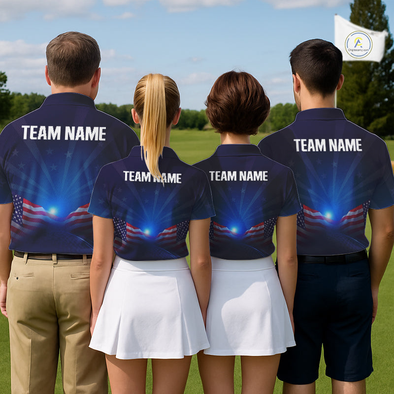 Four people wearing matching team shirts with 'TEAM NAME' on a golf course.