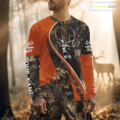 Custom Whitetail Deer Hunting Shirt 3D All Over Print with Orange Camo US Flag Hunting Gifts NBT253