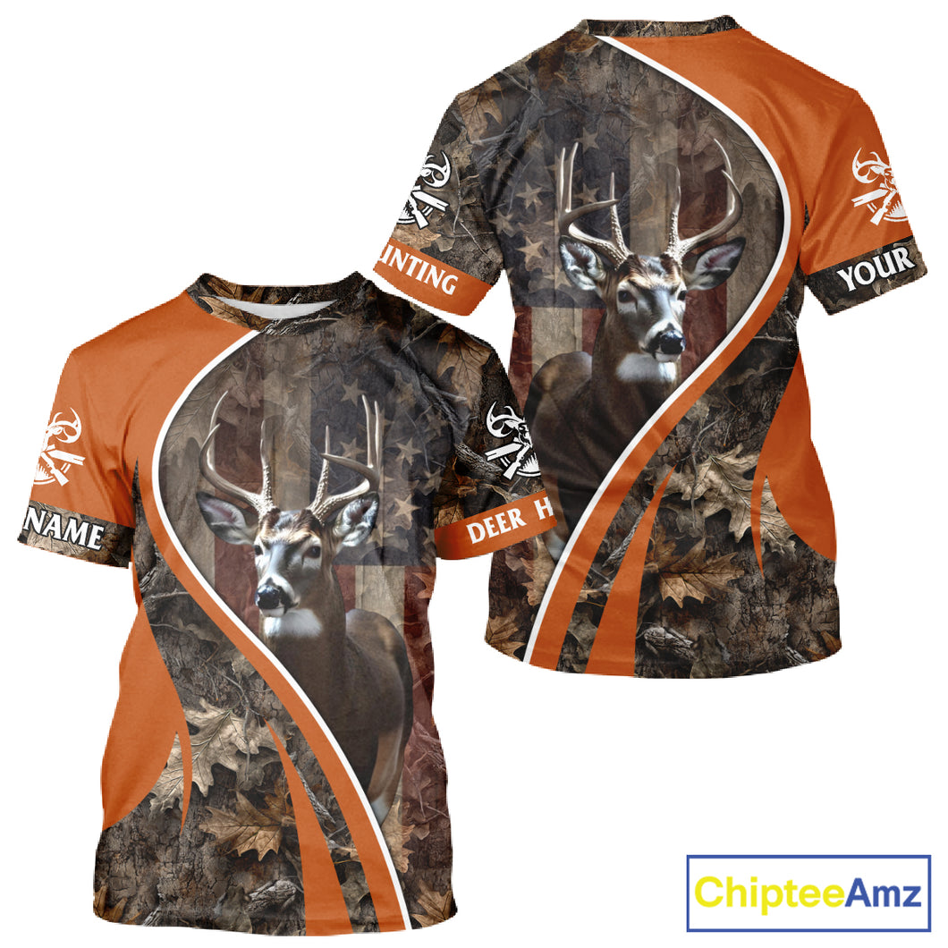 Custom Whitetail Deer Hunting Shirt 3D All Over Print with Orange Camo US Flag Hunting Gifts NBT253