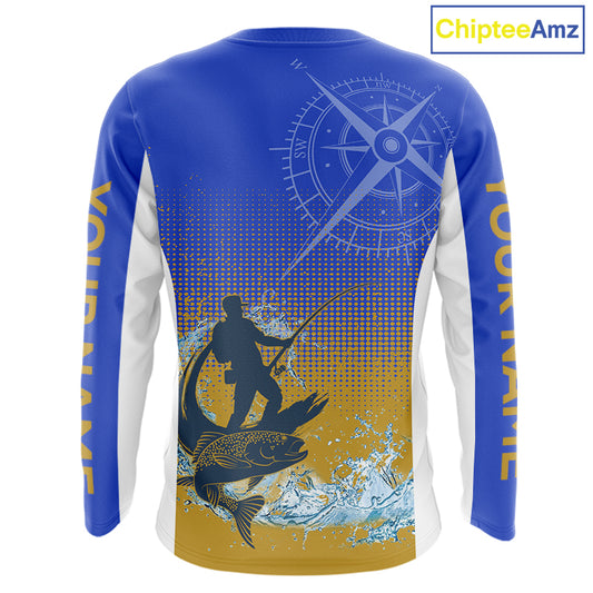 Trout Fishing Shirts Long Sleeve Fisherman Compass Blue And Yellow, Trout Fly Fishing Jerseys NBT389
