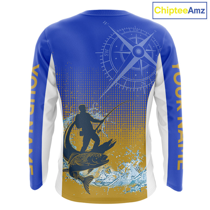 Trout Fishing Shirts Long Sleeve Fisherman Compass Blue And Yellow, Trout Fly Fishing Jerseys NBT389
