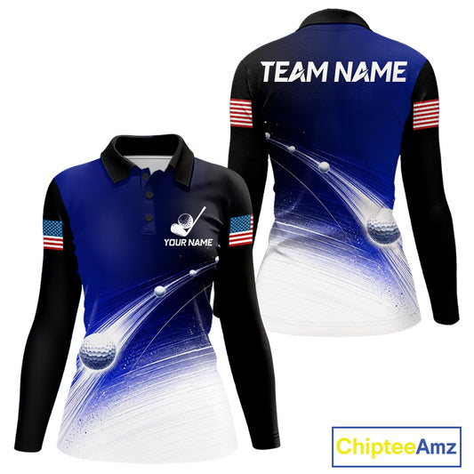 Blue Golf Ball Pattern American Flag Womens Golf Polo Shirts, Tournament Golf Shirts Golf Gifts NBT870