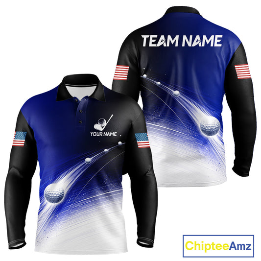 Front and back view of blue golf ball pattern American flag mens long sleeve golf polo shirt