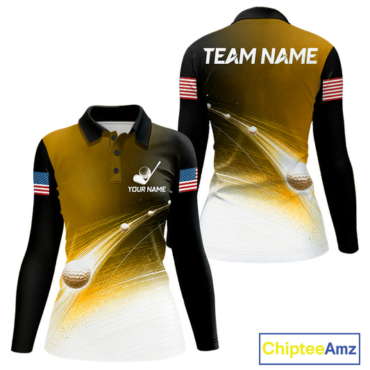 Black Gold Golf Ball Pattern American Flag Womens Golf Polo Shirts, Tournament Golf Shirts Golf Gifts NBT871