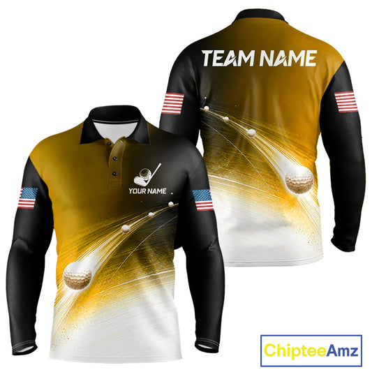 Front and back view of blue golf ball pattern American flag mens long sleeve golf polo shirt