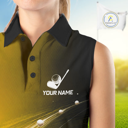 Black Gold Golf Ball Pattern American Flag Womens Sleeveless Tournament Golf Polo Shirts, Team Golf Shirts Golf Gifts NBT871