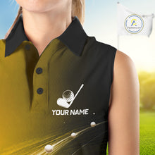 Load image into Gallery viewer, Black Gold Golf Ball Pattern American Flag Womens Sleeveless Golf Polo Shirts, Team Golf Shirts Golf Gifts NBT871