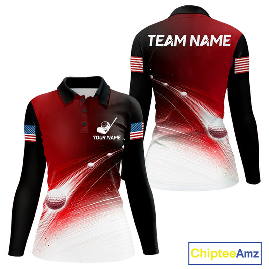 Red Ball Pattern American Flag Womens Golf Polo Shirts, Tournament Golf Shirts Golf Gifts NBT872