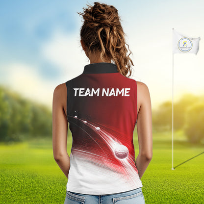 Red Ball Pattern American Flag Womens Sleeveless Tournament Golf Polo Shirts, Team Golf Shirts Golf Gifts NBT872