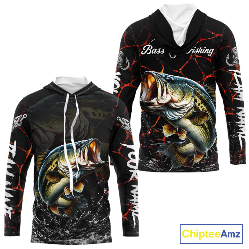 Front and back view of Bass Fishing camo long sleeve hooded fishing shirt UPF protection with personalized name 