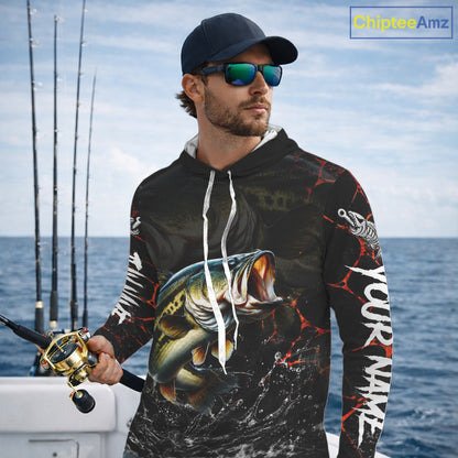 Angler wearing Bass Fishing Camo Long Sleeve Hooded Fishing Tournament Shirts with personalized name